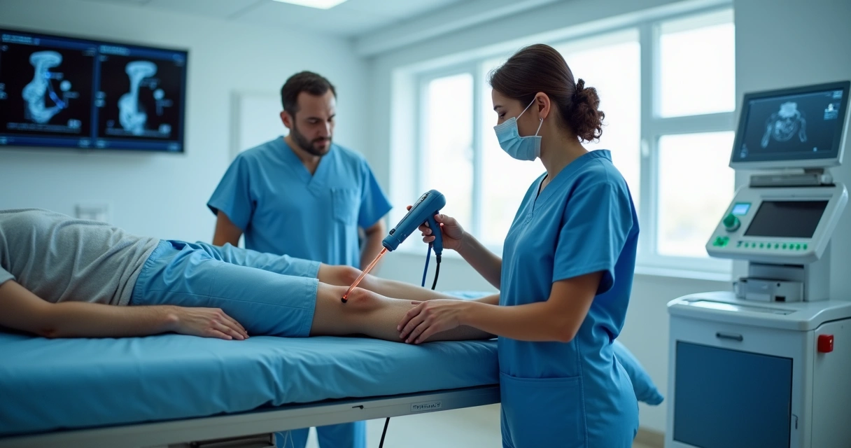 Médico aplicando técnica moderna minimamente invasiva em paciente com varizes, ambiente clínico iluminado 