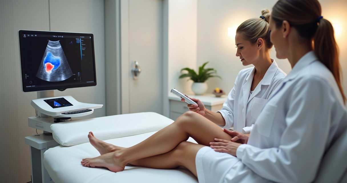 Mulher em clínica vascular moderna recebendo avaliação de varizes com ultrassom na perna 