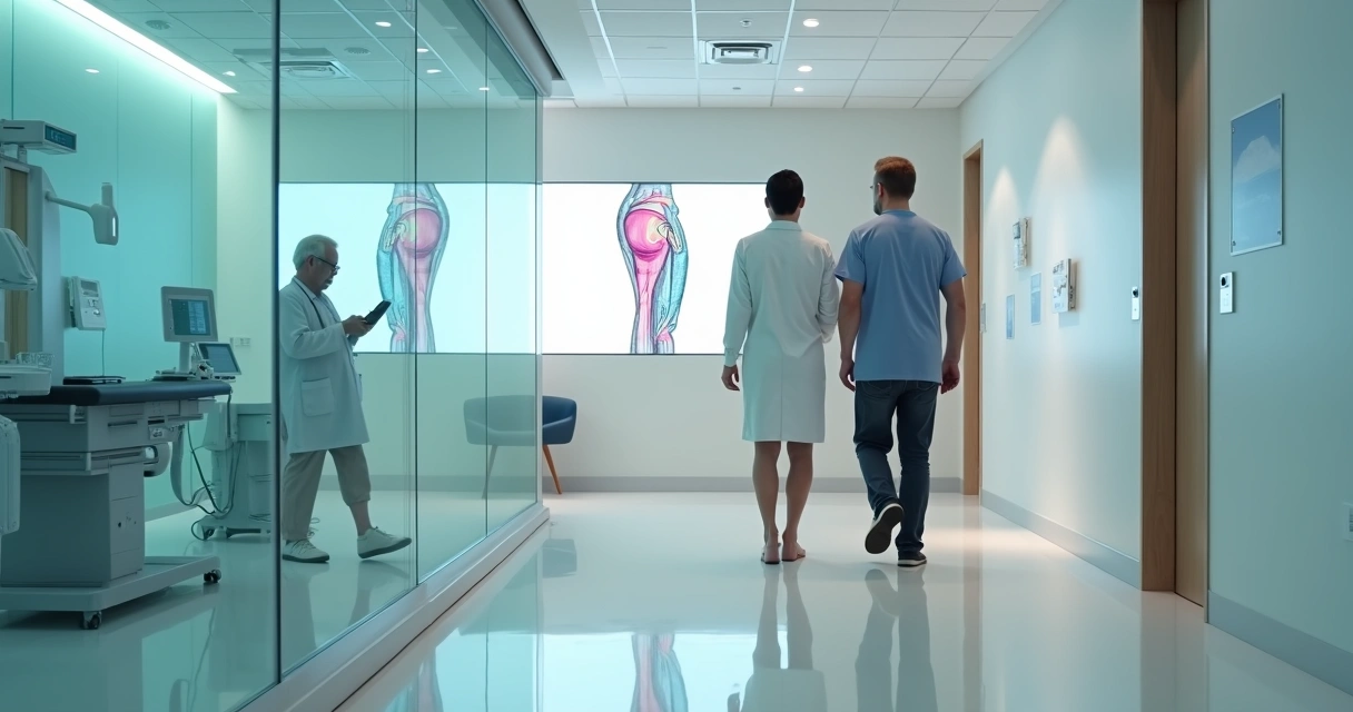 Pacientes caminhando em corredor de clínica vascular moderna após tratamento minimamente invasivo de varizes 