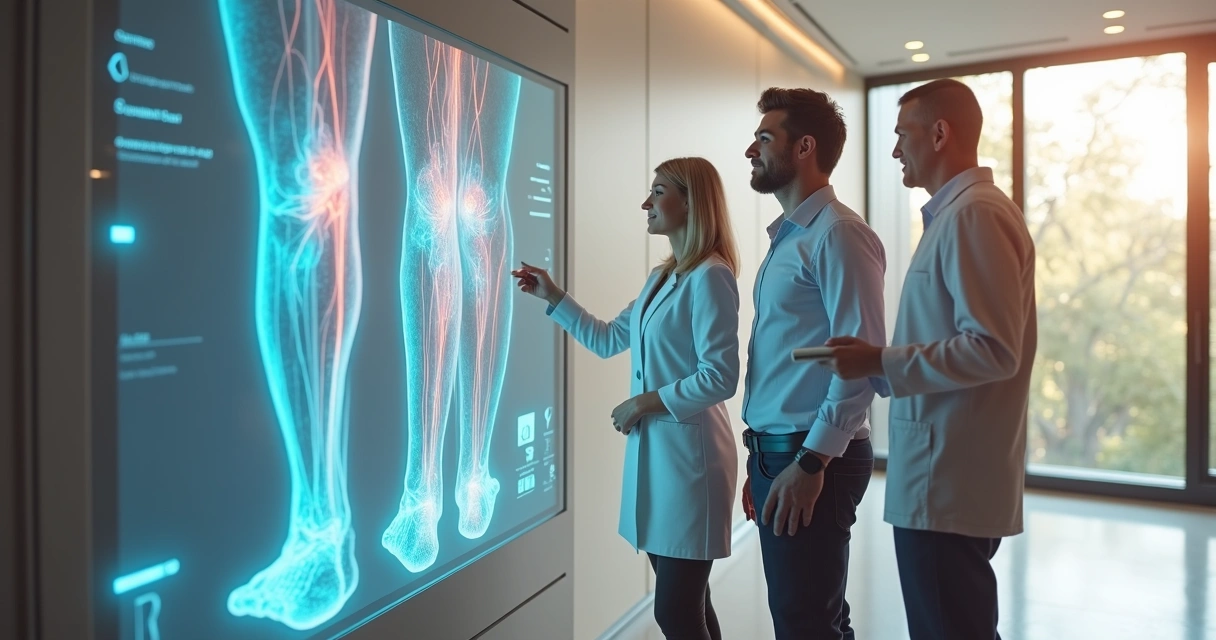 Homem e mulher avaliando mapa de veias em tela holográfica em clínica vascular moderna 