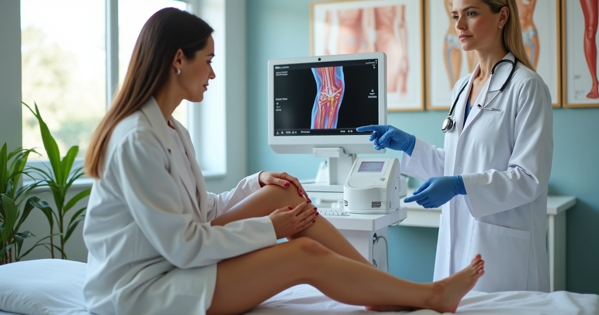 Médica vascular avaliando pernas com varizes em clínica moderna 