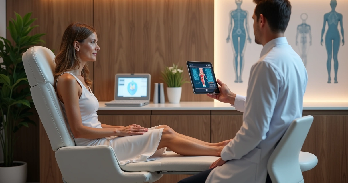 Médico vascular mostra em tablet opções modernas para tratamento de varizes a uma paciente em clínica elegante 