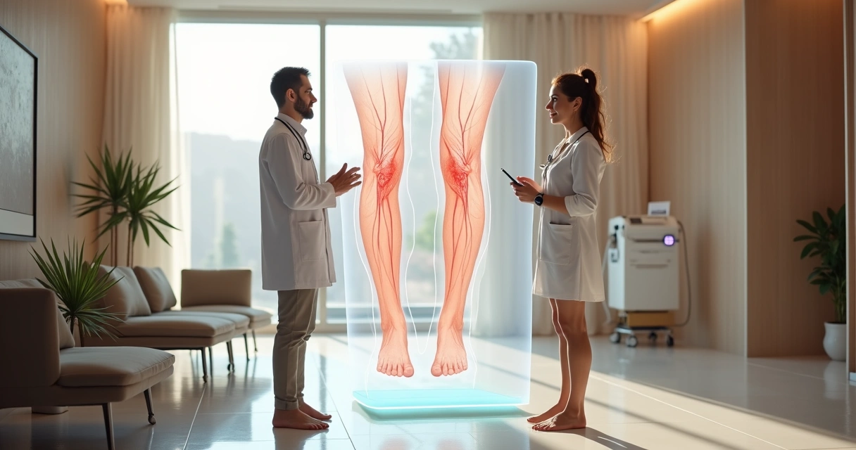 Equipe vascular analisando pernas de paciente em clínica moderna com visualização digital das veias 