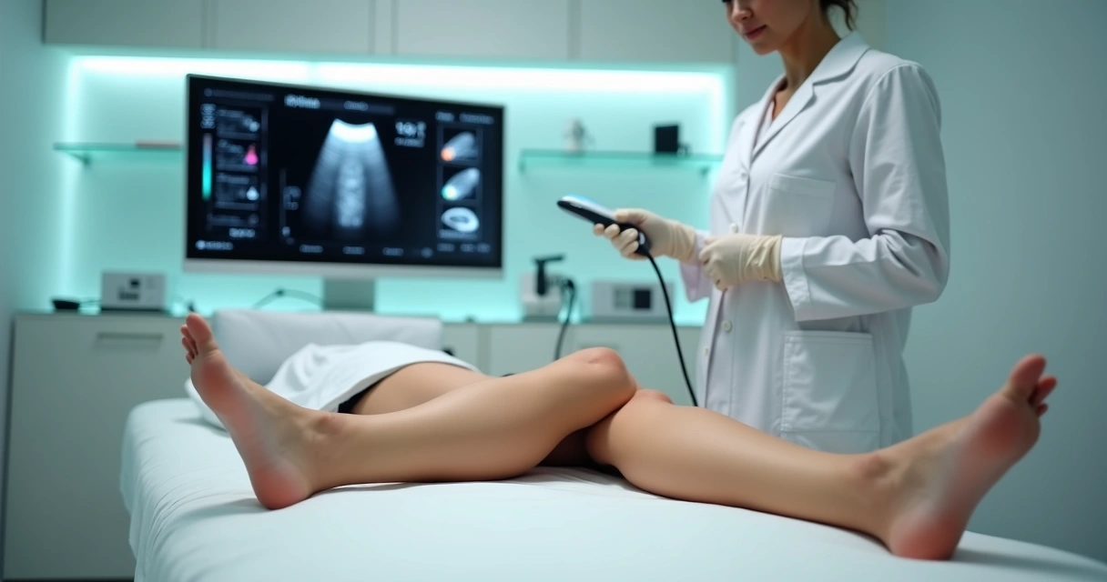 Detalhe de perna em exame vascular com aparelho de ultrassom em clínica moderna 