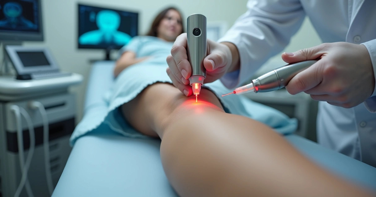 Médico vascular aplicando laser em paciente em consultório moderno