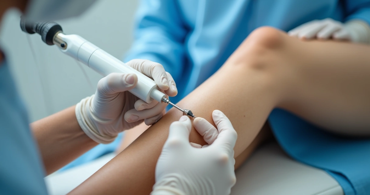 Paciente recebendo tratamento de varizes a laser nas pernas em consultório vascular 