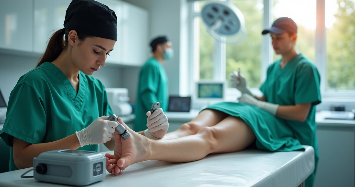 Médico realizando procedimento moderno para tratar varizes em perna de paciente 