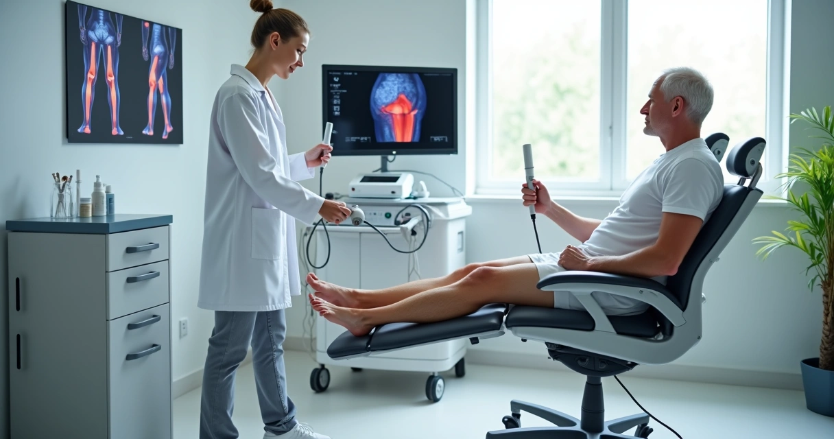 Médico vascular avaliando perna com varizes usando ultrassom em clínica moderna 