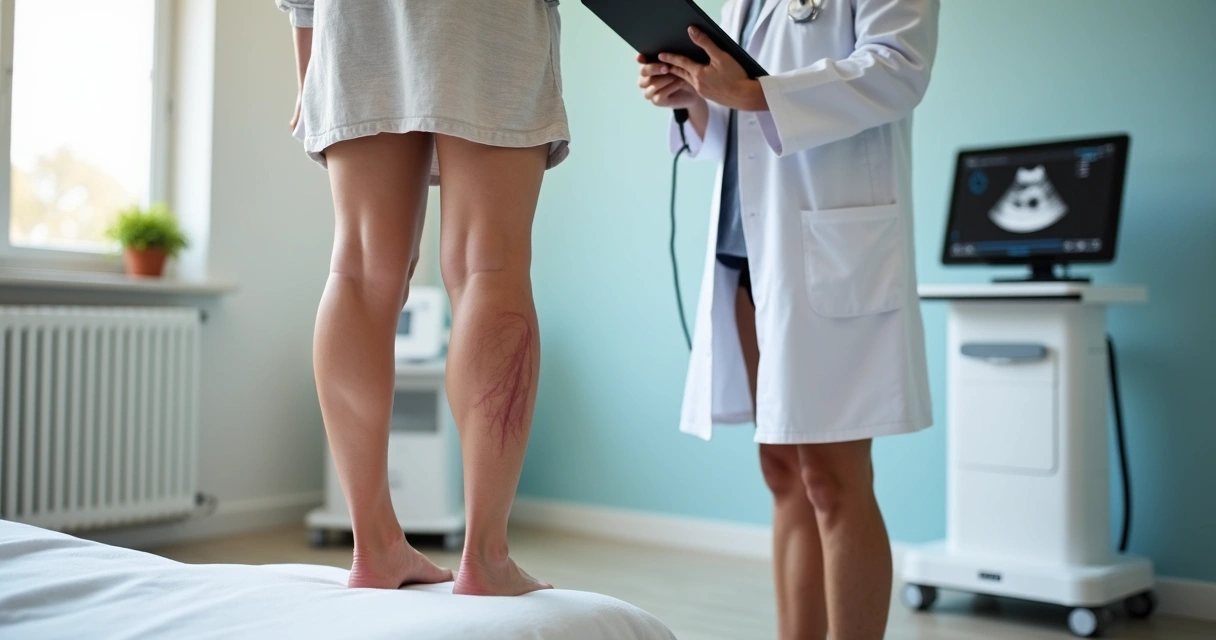 Médica avalia pernas com varizes em clínica moderna e paciente em pé 