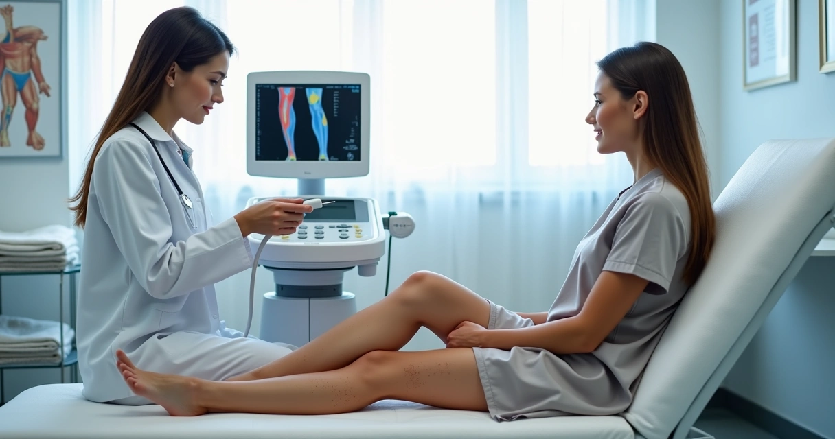 Médico vascular examinando pernas com varizes em clínica moderna 