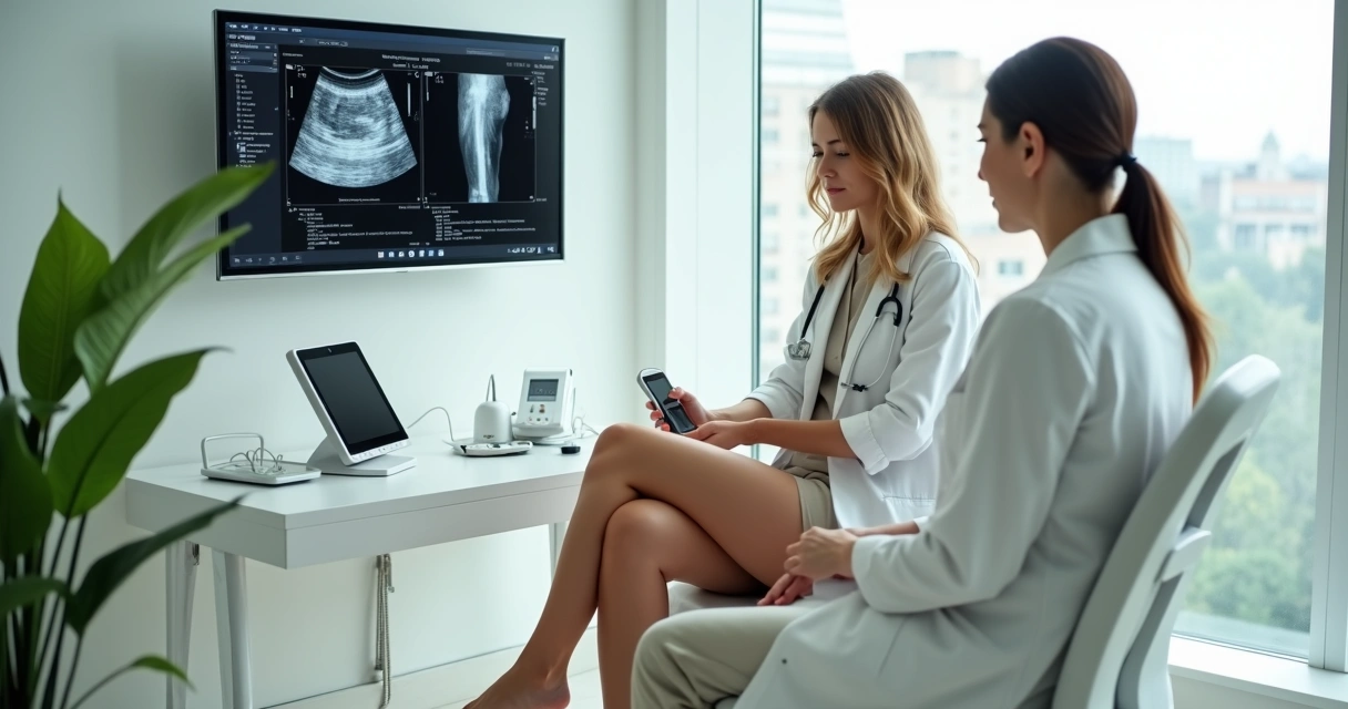 Médico vascular avaliando pernas de paciente em clínica moderna de varizes 