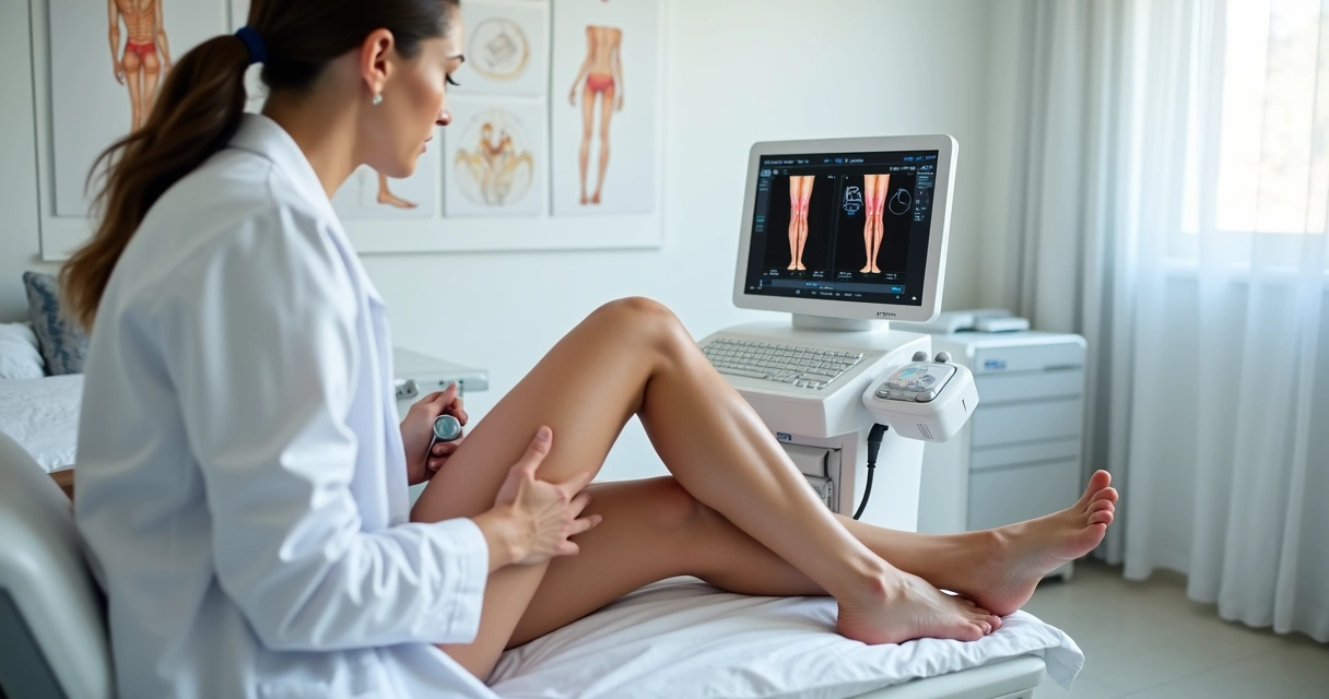 Médico vascular avaliando varizes nas pernas de uma paciente em consultório moderno 