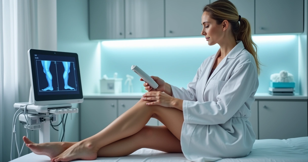 Mulher mostrando pernas com varizes sendo avaliada para tratamento moderno 