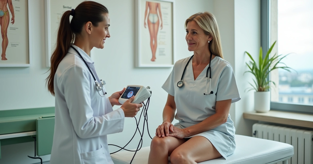 Médico vascular avaliando pernas com varizes em clínica moderna em Salvador 