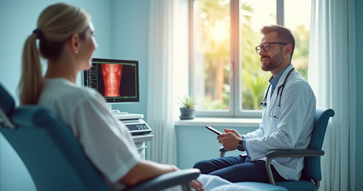 Clínica moderna de varizes em Salvador, paciente sorridente recebendo tratamento vascular