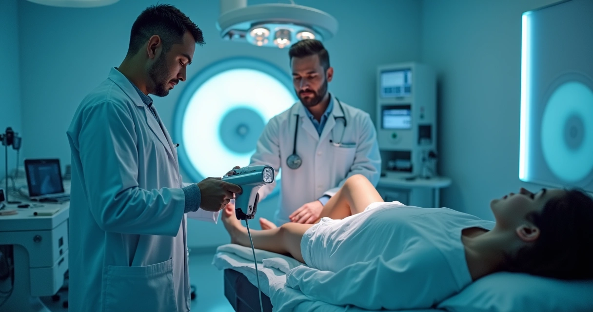 Médico vascular usando equipamento de laser endovenoso em paciente com varizes na perna 
