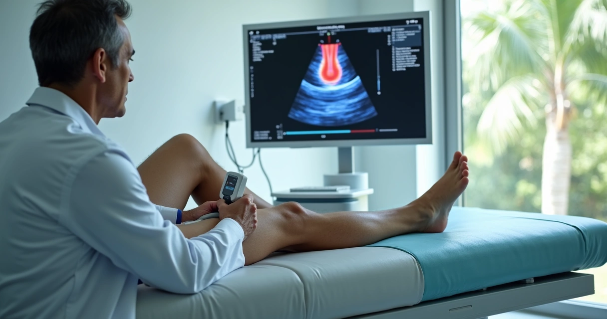 Paciente em exame de refluxo da veia safena com ultrassom em clínica vascular moderna 