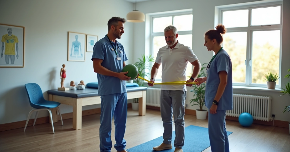 Profissional orientando paciente em reabilitação funcional com equipamentos 