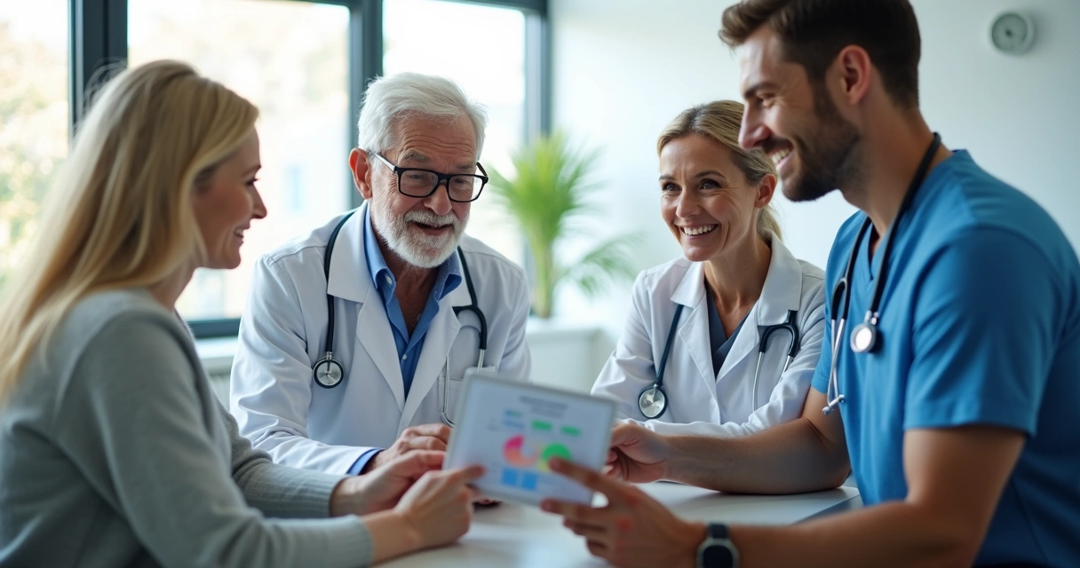 Equipe multidisciplinar clínica idoso, fisioterapeuta nutricionista médico ao redor de paciente 