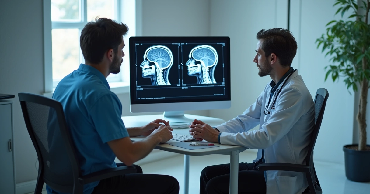 Médico mostrando imagem do cérebro para paciente. 