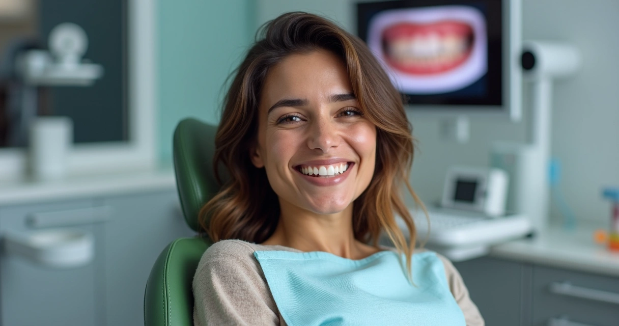 Mulher sorrindo após prótese dentária na clínica