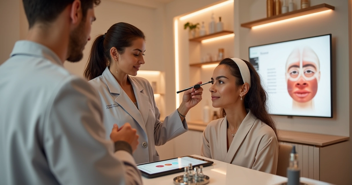 Dermatologista avalia olheiras profundas de paciente em ambiente de clínica estética moderna 