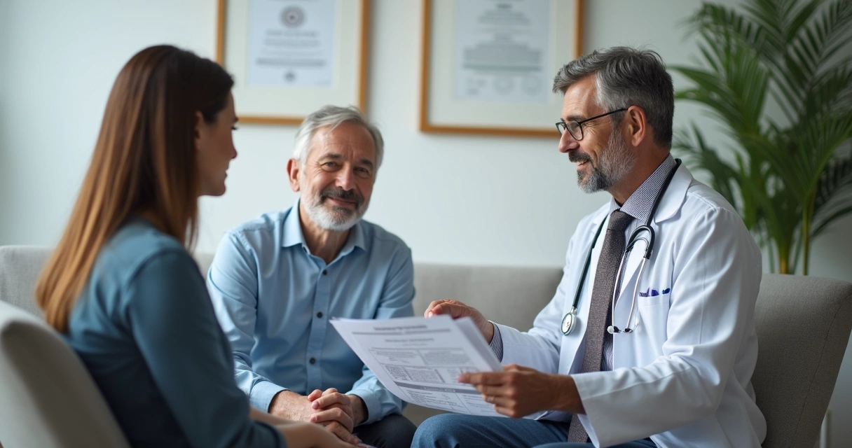 Paciente recebendo orientação humanizada de oncologista em consultório moderno 