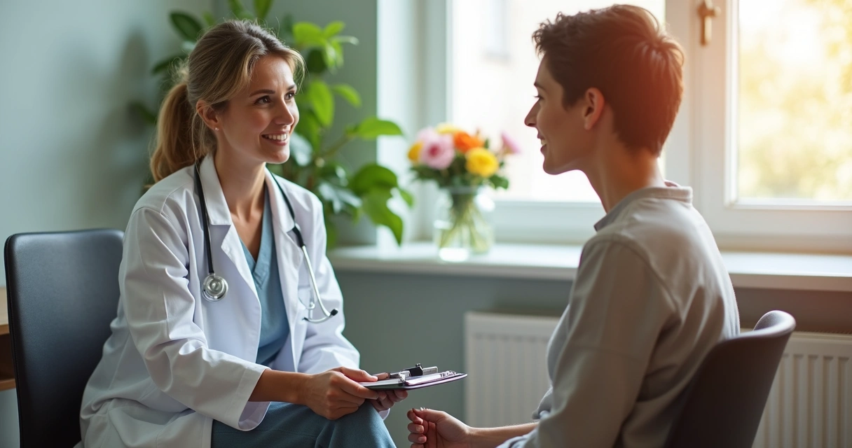 Médica oncologista conversando com paciente sentado em consultório 