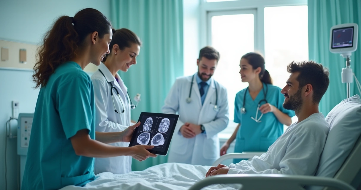 Equipe médica analisando exames com paciente durante tratamento oncológico