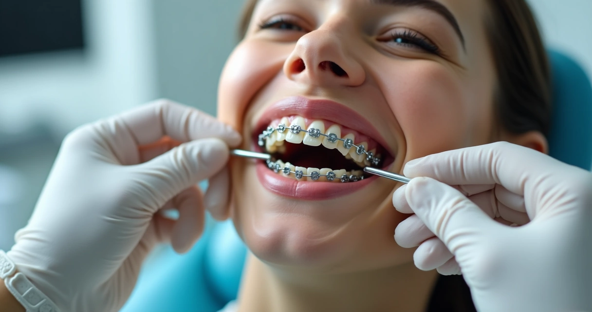 Paciente adulto usando aparelho ortodôntico metálico. 