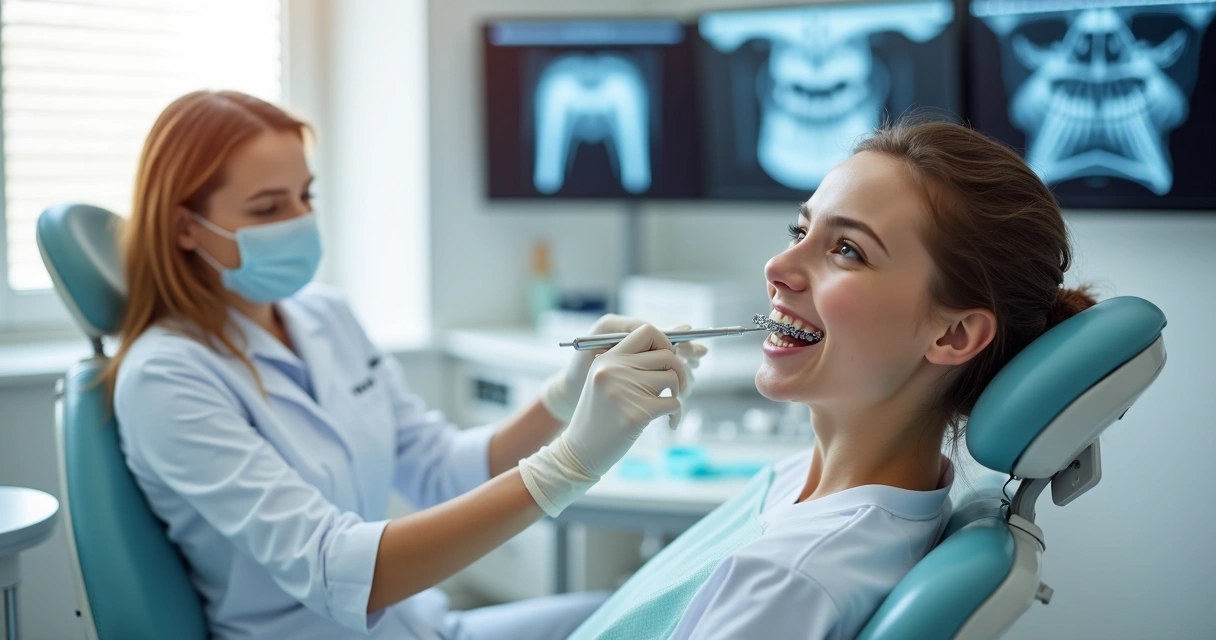 Dentista ajustando aparelho ortodôntico fixo em paciente jovem sorridente 