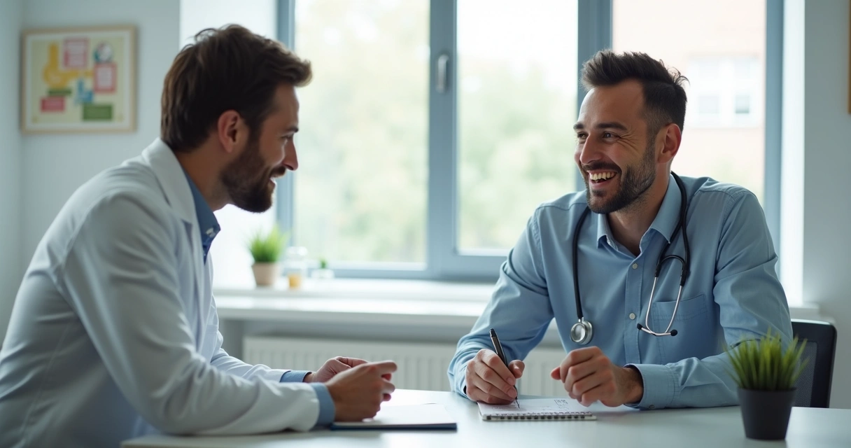 Paciente masculino recebendo orientação profissional em consultório médico moderno. 