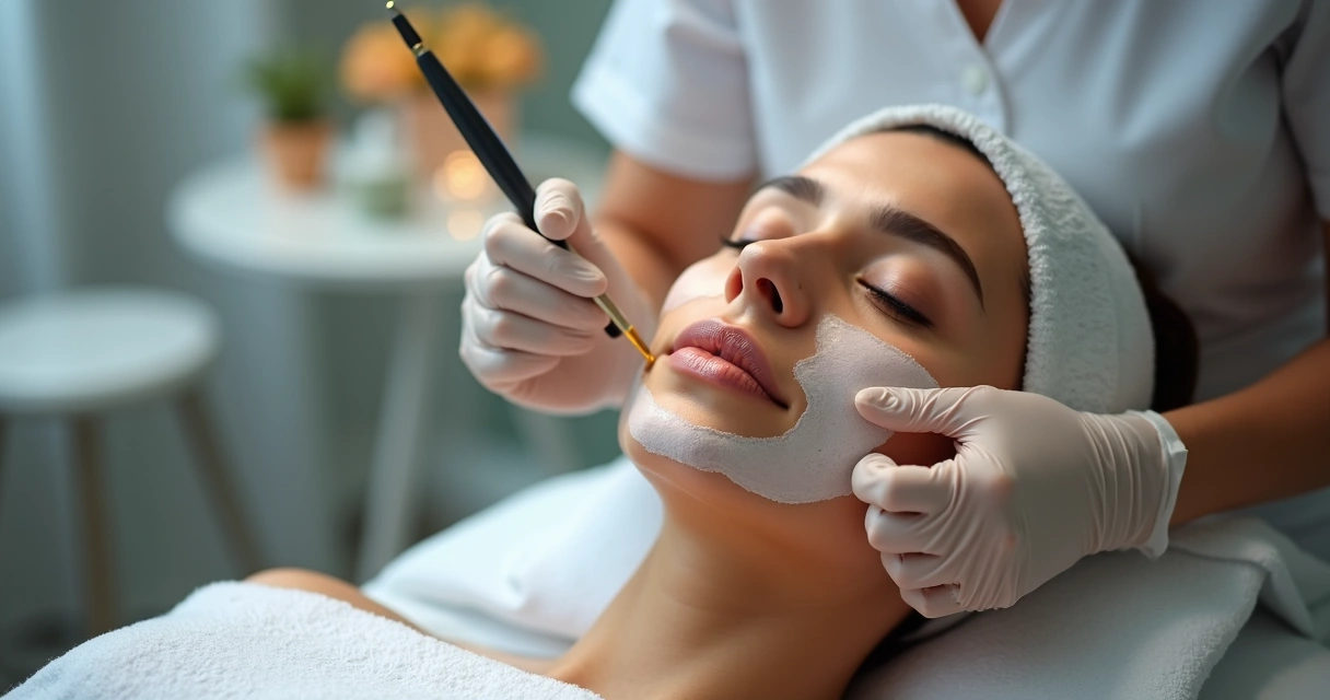 Dermatologista realiza peeling facial em paciente em ambiente de clínica