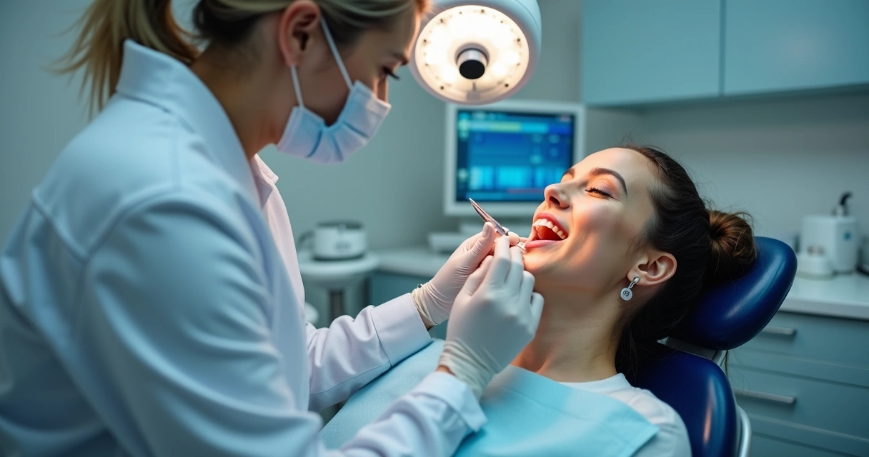 Dentista realizando tratamento periodontal em consultório moderno 
