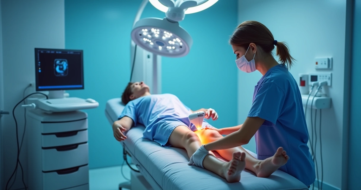 Médica realizando tratamento moderno de varizes com laser em perna de paciente 