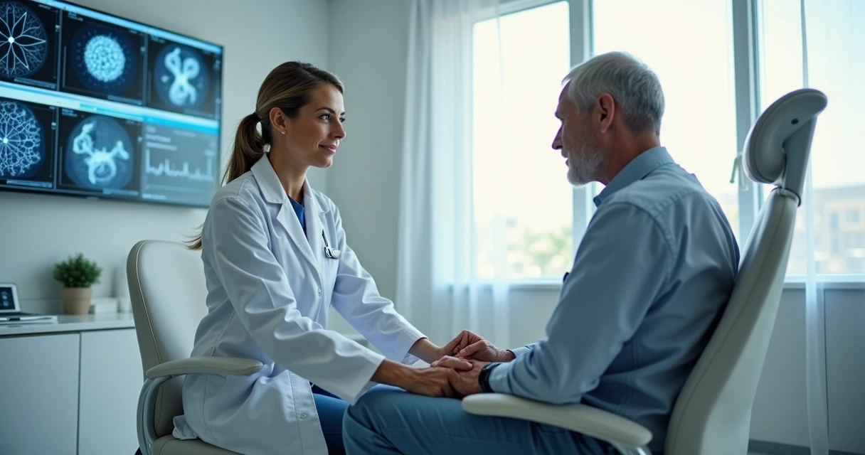 Médica atendendo paciente em clínica moderna, telas exibem análise celular. 