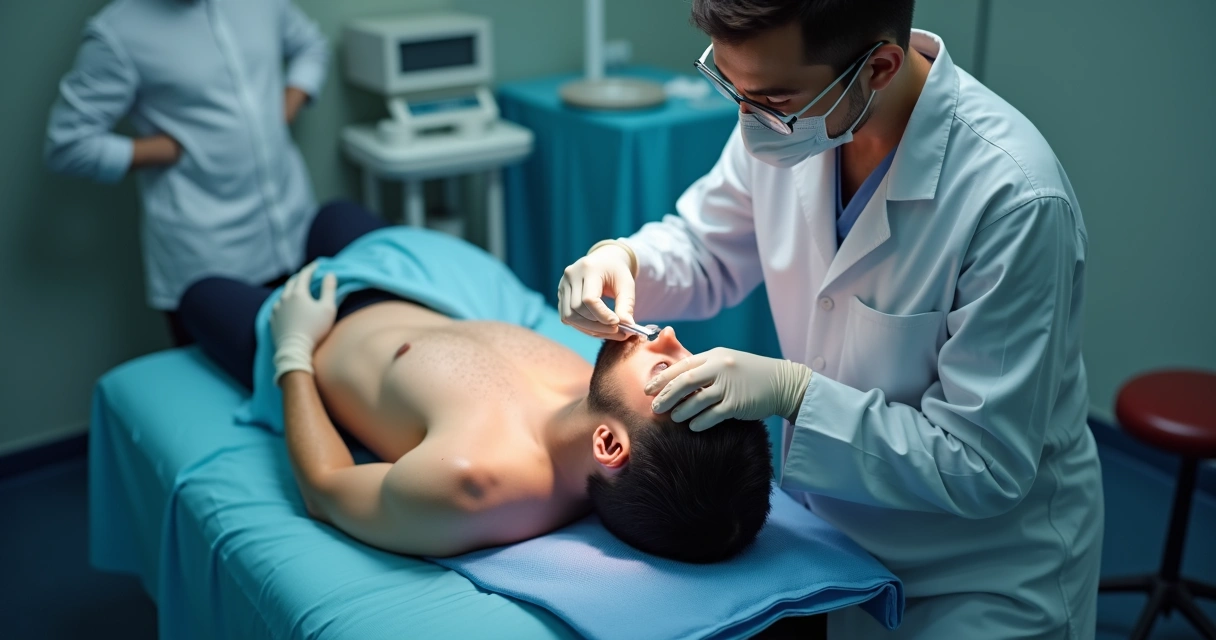 Médico faz preenchimento peniano com seringa em consultório, paciente deitado e assistente ao lado 