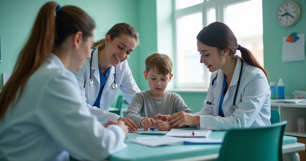 Profissionais de saúde e jovem com autismo em sessão de terapia multidisciplinar 