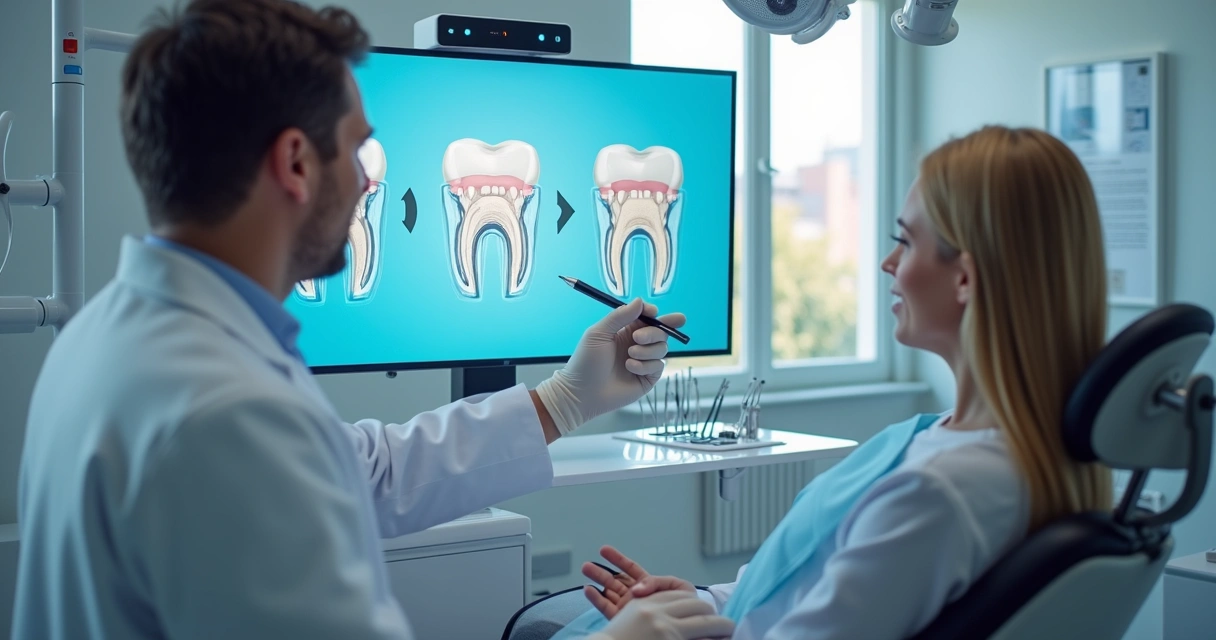 Dentista e paciente durante consulta para protocolo dentário com modelo 3D de arcada dental na tela digital 