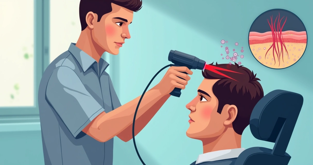 Técnica aplicando laser em couro cabeludo masculino. 