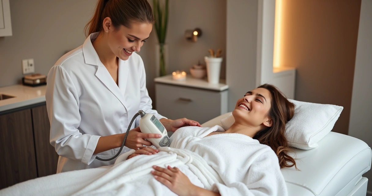 Profissional aplicando radiofrequência em abdômen de cliente 