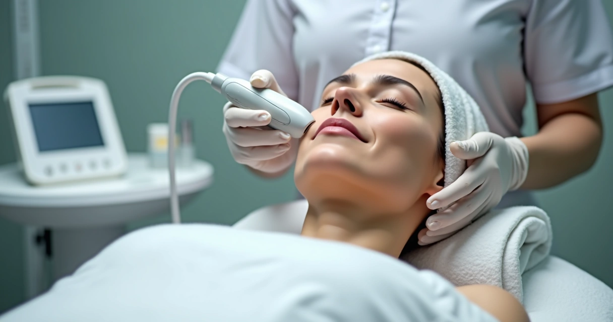 Paciente recebendo tratamento de radiofrequência facial em clínica dermatológica 