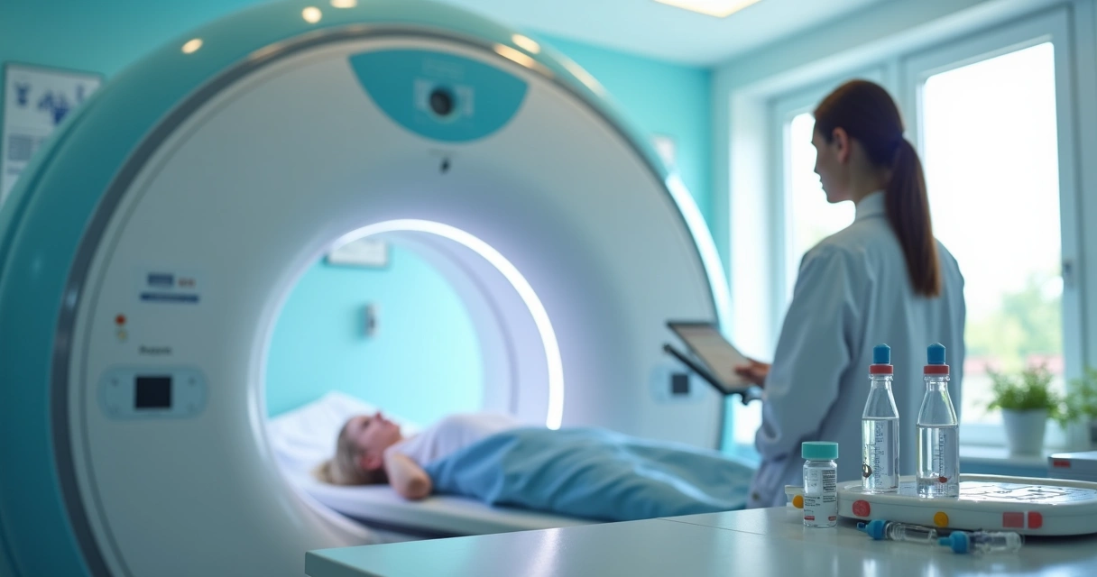 Máquina de radioterapia em uso com profissional de saúde assistindo e medicamentos de quimioterapia ao lado 