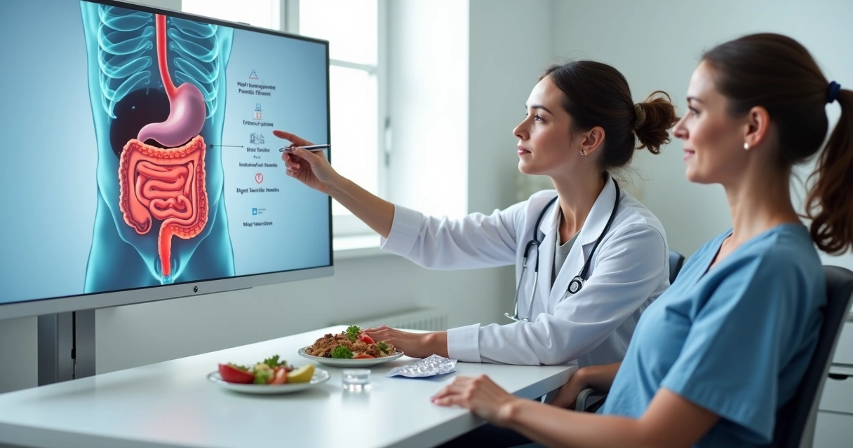 Médica explicando tratamento para refluxo gastroesofágico a paciente com ilustração do estômago na tela 