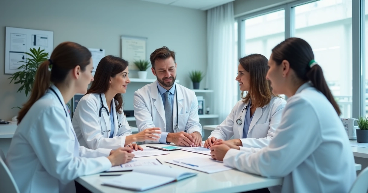 Equipe de dermatologistas discutindo um caso de rejuvenescimento de mãos 