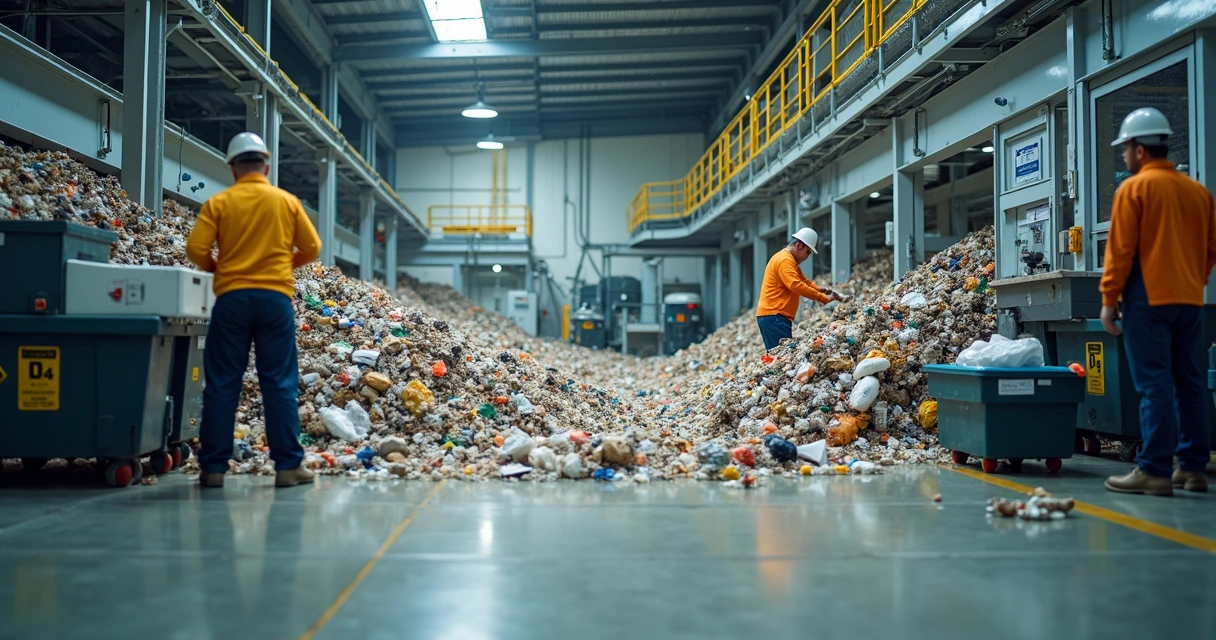 Tratamento de resíduos em instalação industrial com trabalhadores e equipamentos modernos 