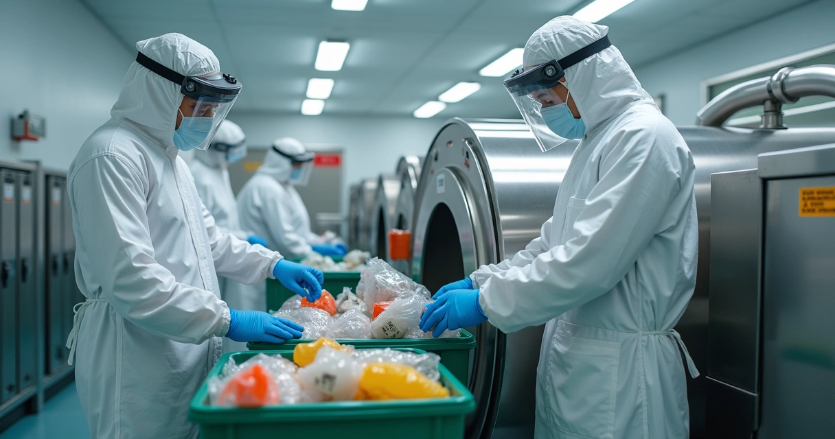 Equipamento autoclave sterilizando resíduos hospitalares infectantes com funcionários usando EPIs completos ao redor 
