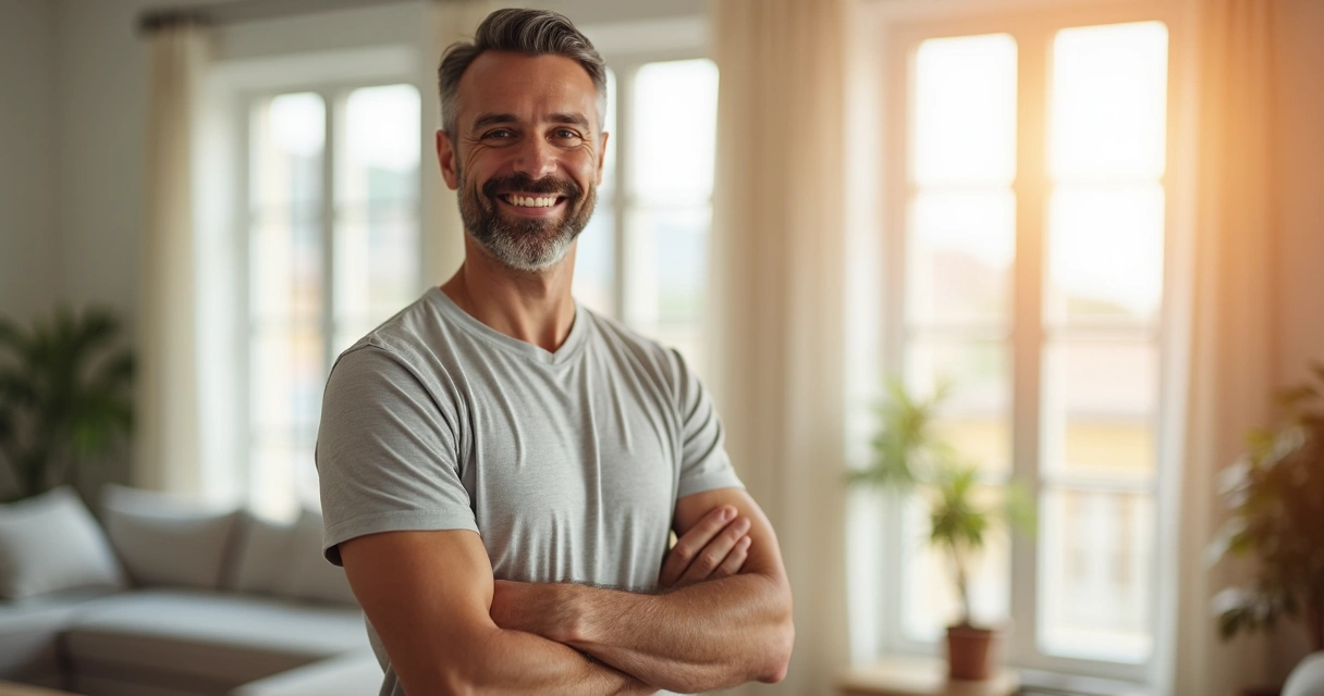 Homem sorrindo após tratamento de saúde sexual, em ambiente claro 