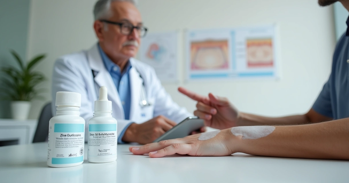 Dermatologista mostrando pomadas para vitiligo a paciente durante consulta 