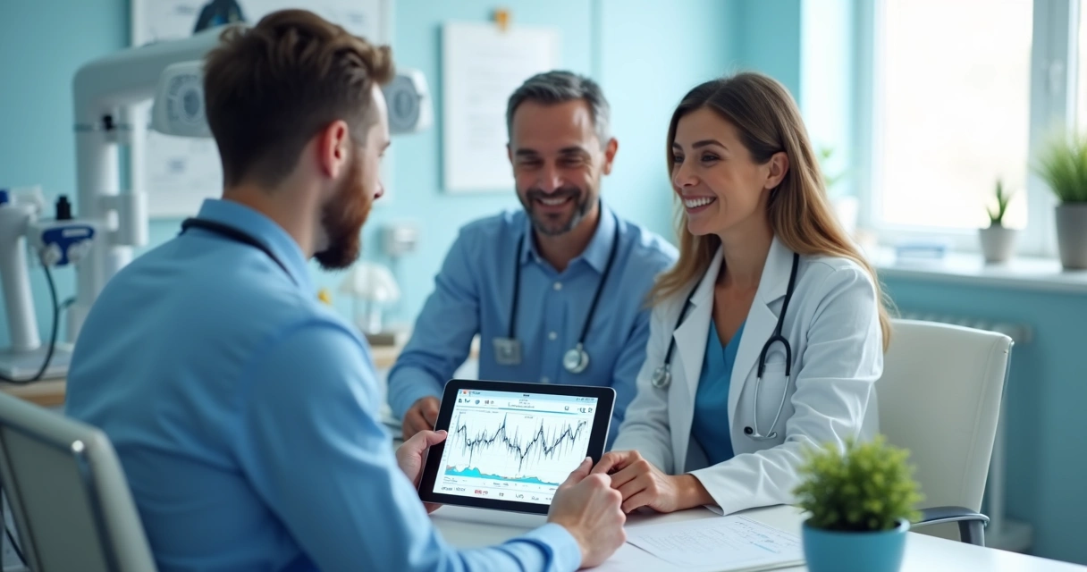 Urologista apresenta gráficos de evolução em tablet para casal. 